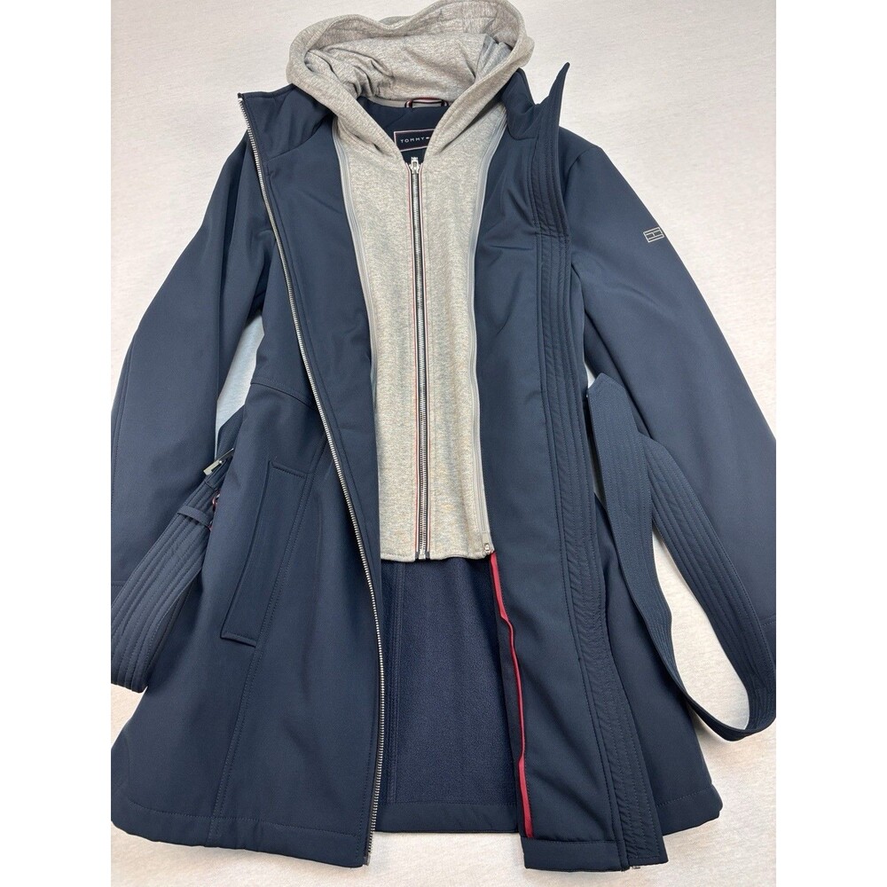 Tommy Hilfiger Trench Coat L Navy Softshell Belted Hood Fleece Lined